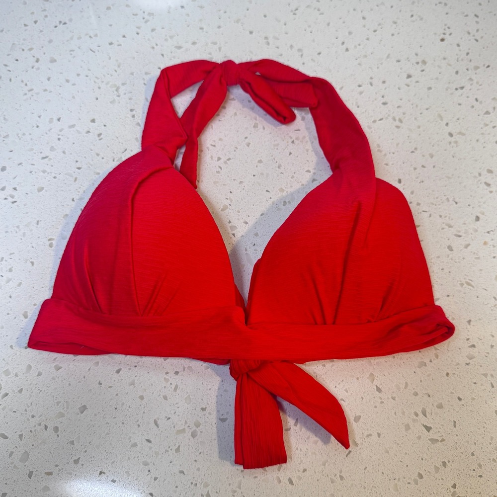 Banana Moon Red Ribbed Halter Bikini Top Front Tie Padded Swimwear XS US 0-2